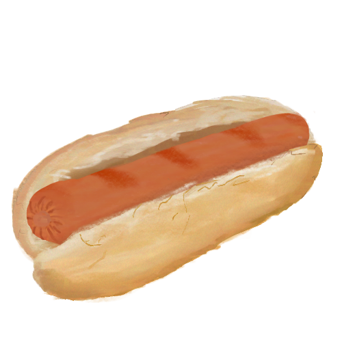  A drawing of a hot dog, which is a pinkish-brown sausage inside a split long bread roll. It is colored in a painterly style and has no outlines.